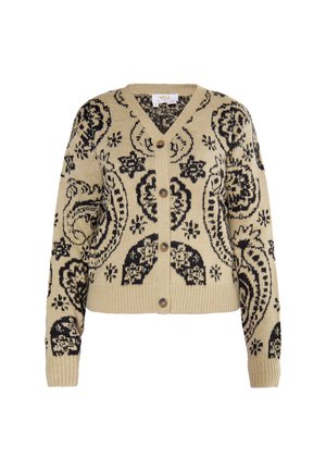 Beżowy sweter z dzianiny z czarnym wzorem paisley, dekolt w serek i pięć brązowych guzików z przodu. Rękawy i dół w prążki. Krótki krój.