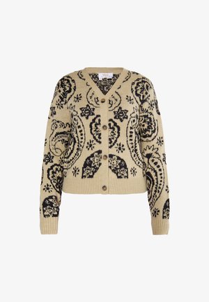 Beige gebreid vest met een zwart paisleypatroon, V-hals en vijf bruine knopen aan de voorkant. Ribgebreide manchetten en zoom. Verkorte stijl.