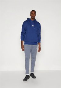 Μπλε ναυτικού χρώματος φούτερ με κουκούλα και εμπρόσθια τσέπη, με λευκό λογότυπο, συνδυασμένο με ανοιχτό γκρι φόρμα με λευκές ρίγες στο πλάι και λογότυπο. Μαύρα παπούτσια.