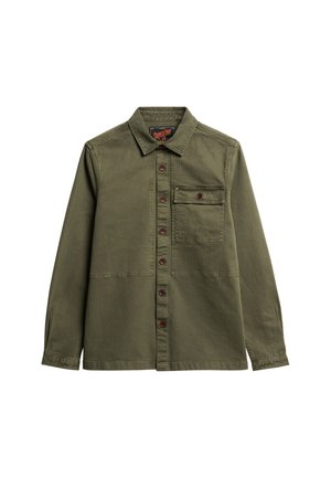 Olijfgroene button-up shirt van katoen. Heeft een borstzak met een knoop, lange mouwen en een omgeslagen kraag.