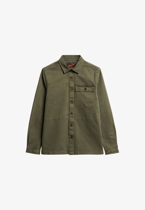 Olijfgroene button-up shirt van katoen. Heeft een borstzak met een knoop, lange mouwen en een omgeslagen kraag.