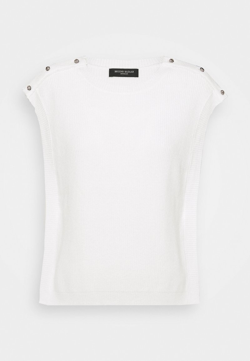 Haut tricoté blanc sans manches avec encolure bateau et six boutons décoratifs argentés sur les coutures des épaules, étiquette de marque à l'intérieur du col.