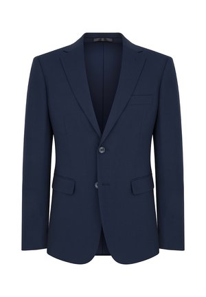 Granatowa marynarka o dopasowanym kroju z klapami, dwoma przednimi kieszeniami i zapięciem na dwa guziki. Teksturowany materiał o eleganckim, nowoczesnym wzornictwie.