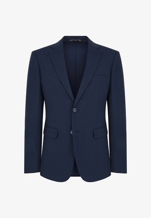 Granatowa marynarka o dopasowanym kroju z klapami, dwoma przednimi kieszeniami i zapięciem na dwa guziki. Teksturowany materiał o eleganckim, nowoczesnym wzornictwie.