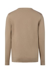 Beiger, gestrickter Pullover mit langen Ärmeln und rundem Halsausschnitt. Glatte Textur, gerippte Bündchen und Saum mit einfachem Design.