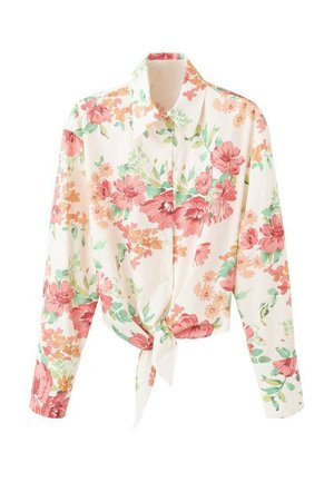 Kvetinová blúzka s bielym pozadím, ružovými a zelenými kvetmi, dlhými rukávmi, golierom a predným zaväzovaním.