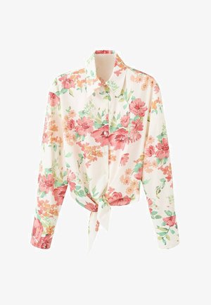 Cvjetna bluza s bijelom pozadinom s ružičastim i zelenim cvjetovima, dugim rukavima, ovratnikom i zatvaranjem na prednju mašnu.
