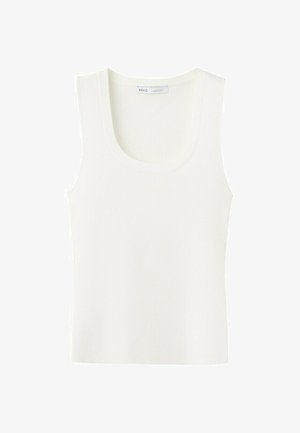 Bela rebrasta rezana majica brez rokavov z okroglim izrezom, položena ravno s vidno etiketo znamke MNG na notranji strani ovratnika.