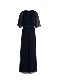 Marinblå overall med korta, flödande ärmar, definierad midja och breda ben; lätt, genomskinlig tyg och slät textur.