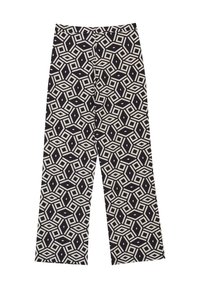 Pantaloni a gamba larga bianco e nero con un motivo geometrico di diamanti e esagoni, realizzati in tessuto morbido con una vita piatta.
