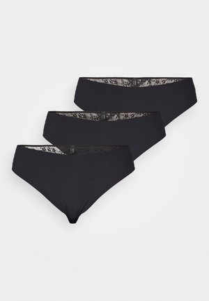 Kolm paari musti aluspükse, millel on ribitud kangas ja pitsääris vöökoht. Pehme tekstuur, madala lõikega disain.