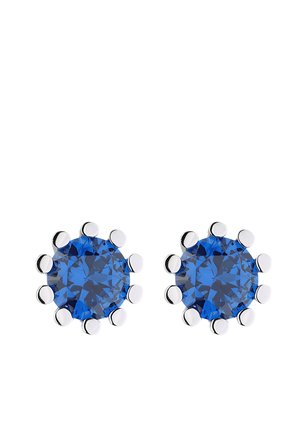 Pair of round blue gemstone stud earrings set in silver prong settings on white background.