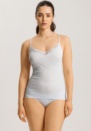 Light blue camisole with lace trim at the neckline and thin straps, paired with matching lace-accented hipster underwear. Smooth fabric texture.