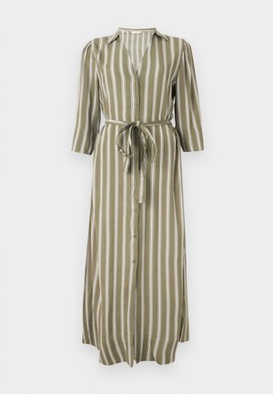 Dolga olivno zelena obleka z belimi navpičnimi črtami, gumbi na sprednji strani, rokavi do komolcev, ovratnik in pas s pentljo.