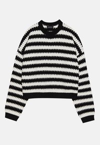 Maglione a righe bianche e nere, con scollo rotondo, maniche lunghe e un design corto con un motivo testurizzato.