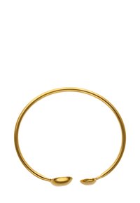 Arany színű fém karkötő, sima, kör alakú dizájnnal, nyitott végekkel, mindkét oldalon ovális formájú díszítéssel.