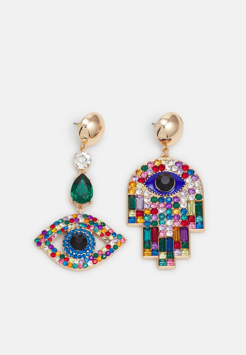 Colorful dangle earrings featuring an eye design and hand motif, adorned with various gemstones including emerald, blue, and pink crystals.
