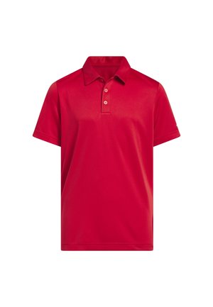 Camiseta polo roja de manga corta con cuello y tapeta de dos botones, mostrada sobre un fondo blanco.