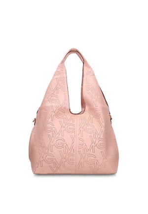 Grande borsa a tracolla rosa con motivo a perforazioni ripetute del logo e apertura centrale con manico, realizzata in materiale strutturato.