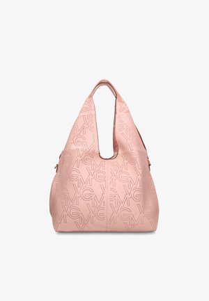 Grote roze draagtas met geperforeerd herhalend logopatroon en centrale handgreepopening, gemaakt van gestructureerd materiaal.