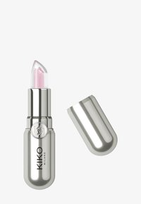 Silver tube of Kiko Milano lipstick with clear pink tip and removed cap on white background.