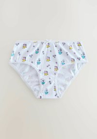 Mutande di cotone bianche con una stampa di animali dei cartoni animati colorata e piccoli fiori. Presentano un bordo in pizzo e un dettaglio a fiocco in vita.