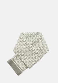 Szaro-biała dzianinowa chusta złożona, z wzorem w pied силу i prążkowanymi końcami z cienkimi białymi paskami.