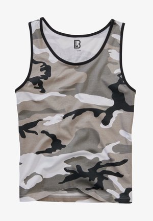 Camouflage tanktop gemaakt van lichtgewicht stof, met grijs-, zwart- en witpatronen, en een zwarte halslijn en armsgaten.