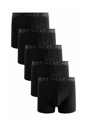 Schwarze Boxershorts im Fünferpack. Hergestellt aus weichem Stoff, mit einem grauen elastischen Bund, auf dem das Logo "NEXT" wiederholt zu sehen ist.