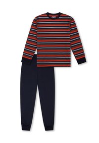 Gestreiftes Langarmhemd in Rot, Marineblau und Grau, kombiniert mit einfarbigen marineblauen Hosen. Weicher Stoff mit Bündchen an Handgelenken und Knöcheln.
