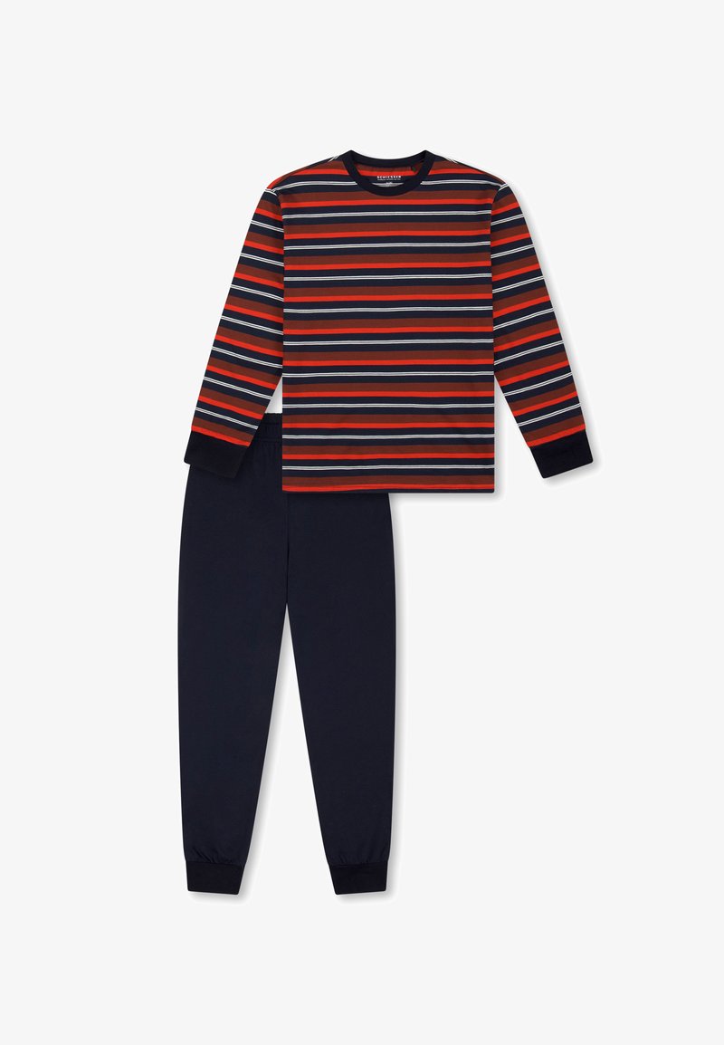 Gestreiftes Langarmhemd in Rot, Marineblau und Grau, kombiniert mit einfarbigen marineblauen Hosen. Weicher Stoff mit Bündchen an Handgelenken und Knöcheln.