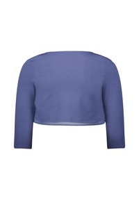 Skrócony top z długim rękawem w miękkim fioletowym materiale, posiadający okrągły dekolt i prostą linie dołu bez widocznych zapięć czy wzorów.