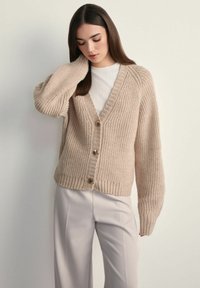 Beżowy sweter dzianinowy z dekoltem w kształcie V, z pr�ążkowanymi mankietami i dołem, oraz trzema złotymi guzikami z przodu. Noszony na jasnej bluzce.