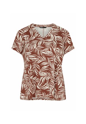 Bruine korte mouwen blouse met V-hals, witte tropische bladprint en een licht getextureerde stof.