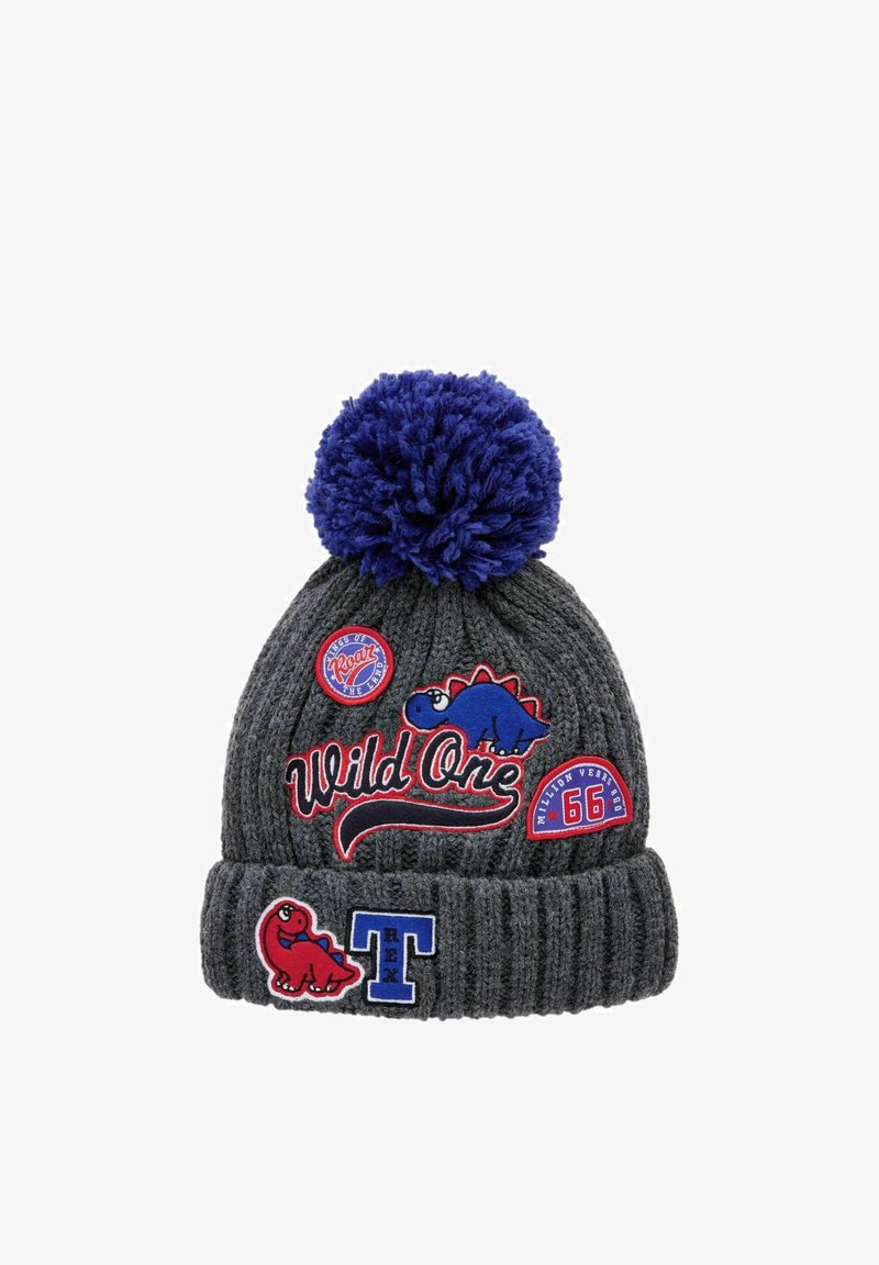 Grijze gebreide beanie met een blauwe pompon, versierd met kleurrijke dinosauruspatches en de tekst "Wild One" in het rood, en verschillende logo-accenten.