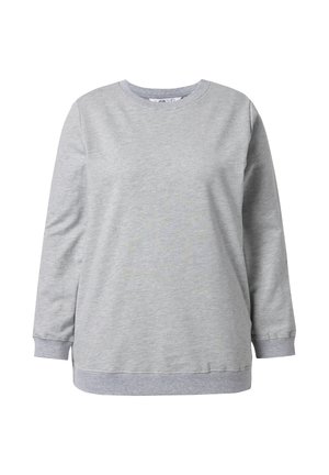 Světle šedá mikina s dlouhým rukávem a kulatým výstřihem, s žebrovanými manžetami a lemem, zobrazena na bílém pozadí.