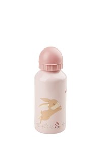 Pink children's water bottle with a rounded cap featuring a leaping bunny and small floral illustrations around the base.
