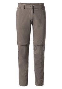 Leichte, graue Zip-Off-Hosen mit glatter Textur, zwei Fronttaschen und einem tonalen Stoffbund. Entwickelt für Vielseitigkeit und Komfort.