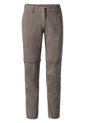 Leichte, graue Zip-Off-Hosen mit glatter Textur, zwei Fronttaschen und einem tonalen Stoffbund. Entwickelt für Vielseitigkeit und Komfort.