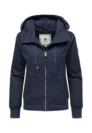 Veste à capuche bleu marine avec une fermeture éclair à l'avant, cordons de réglage et deux poches latérales. Dotée d'un poignet côtelé et d'une étiquette de marque à l'intérieur.