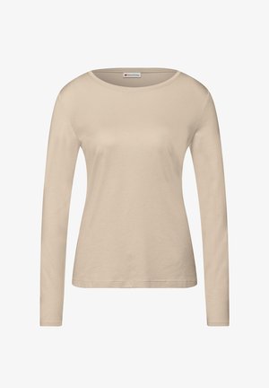 Beige T-shirt met lange mouwen, gemaakt van gladde stof met een ronde halslijn en een getailleerde pasvorm. Eenvoudig ontwerp, zonder patronen of versieringen.