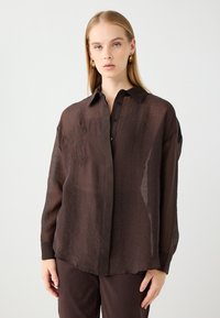 Camicia button-up trasparente marrone con colletto, caratterizzata da un ricamo floreale sul lato sinistro e maniche lunghe e ampie.