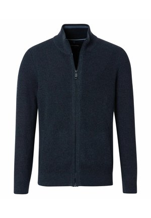 Dunkelblauer, zipfeliger Sweater mit geripptem Textur, hohem Kragen und langen Ärmeln. Der Stoff sieht weich aus und ist gleichmäßig gestrickt.