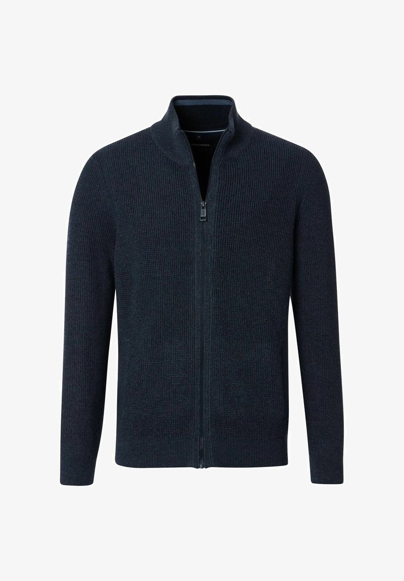 Dunkelblauer, zipfeliger Sweater mit geripptem Textur, hohem Kragen und langen Ärmeln. Der Stoff sieht weich aus und ist gleichmäßig gestrickt.