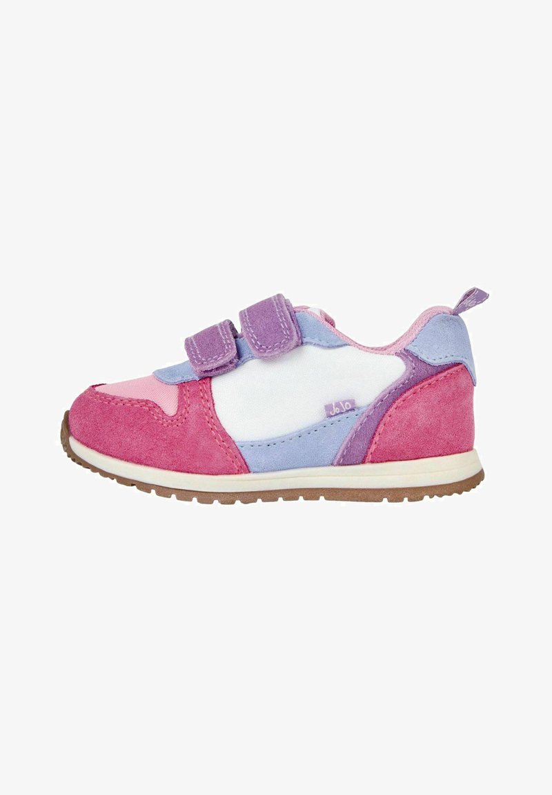 Sneaker multicolore con pannelli rosa, viola e bianchi; realizzato in camoscio e tessuto; presenta due fasce in velcro e una suola in gomma.