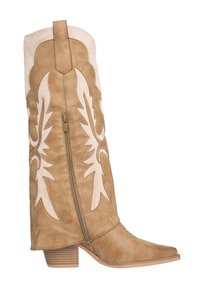 Tan suède westernlaars met een puntige neus, decoratieve steken, crèmekleurige leren accenten en een ritssluiting. Voorzien van een gestapelde hak.