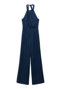 Námořnick blue overal bez rukávů se nařaseným výstřihem a zavazováním na zádech, s širokými nohavicemi a elastickým pasem.