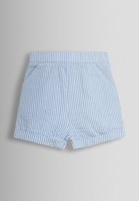 Kék-fehér csíkos rövidnadrág felhajtott szegéllyel, elasztikus derékpánttal és oldalzsebekkel. Könnyű, sima tapintású anyagból készült.