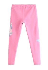 Rosa leggings lavet af strækbart stof med et sommerfuglemotiv i blå og hvid på underbenet. Elastik i taljen for komfort.