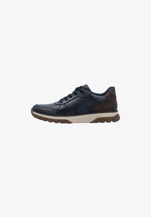 Læder sneakers med en mørk navy overdel og brune detaljer, der har en beige gummisål, rund tå og snørelukning. Struktureret overflade.